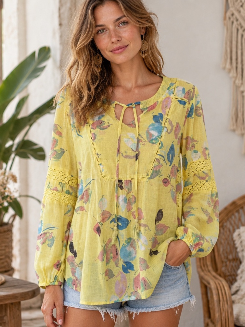 Zac & Rachel Top Yellow Floral Long Sleeve Boho Peasant Top Womens Size XL Flowy